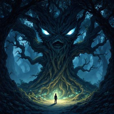 The primary subject of the image is a person standing in front of a large tree with a gnarled trunk. The setting appears to be a forest, with the person being the main focus of the scene. The visual style of the image is digital art, as it is a detailed and intricate illustration. The colors and mood of the image are dark and mysterious, with the large tree and the person's presence creating a sense of wonder and curiosity.